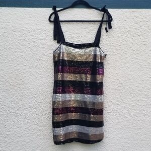 Ali & Jay striped sequin mini dress black gold silver purple medium